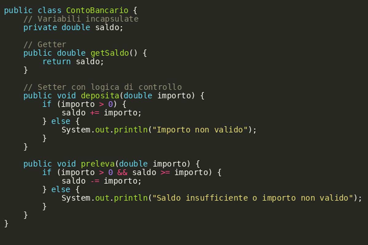 incapsulamento in java esempio conto bancario